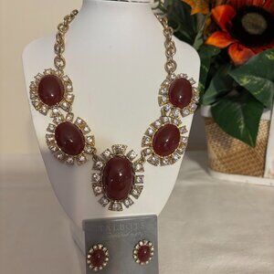 Beautiful Talbots Necklace (20") and Pierced Earrings Ruby Color set with pouch